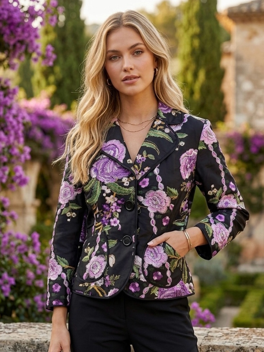 |VTG| E BY ECI 100% Silk Embroidered Floral Blazer Jacket Purple Size 8